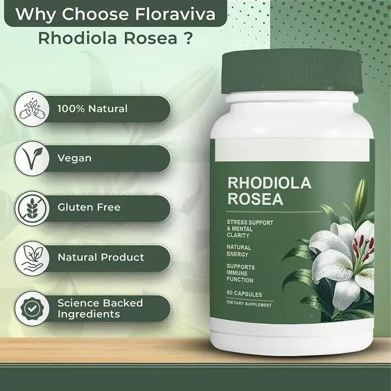Close-up of rhodiola rosea capsules in bottle for daily wellness routine