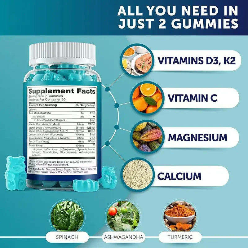 Calcium & Magnesium Height Growth Gummies with Vitamin D3 & K2 for Bone Development and Growth Support SONOCOUTURE