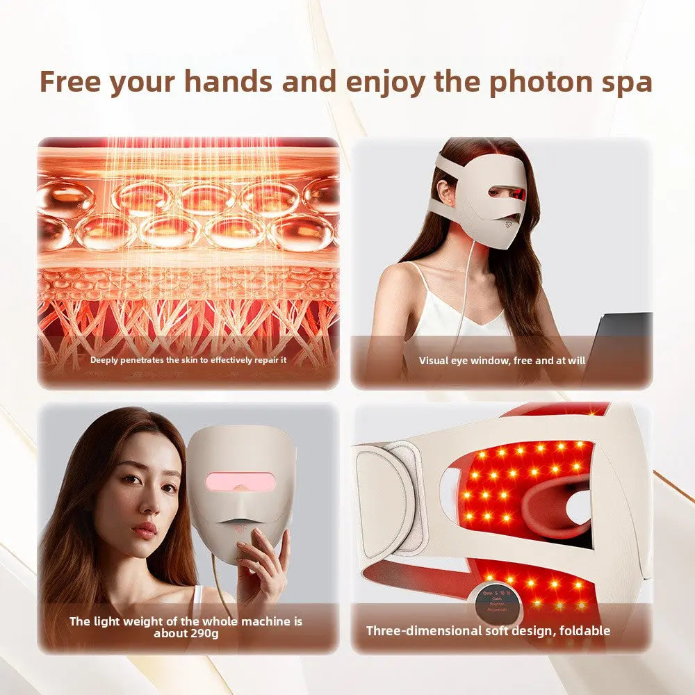 color LED face mask with USB charging cable and user manual included in packaging
