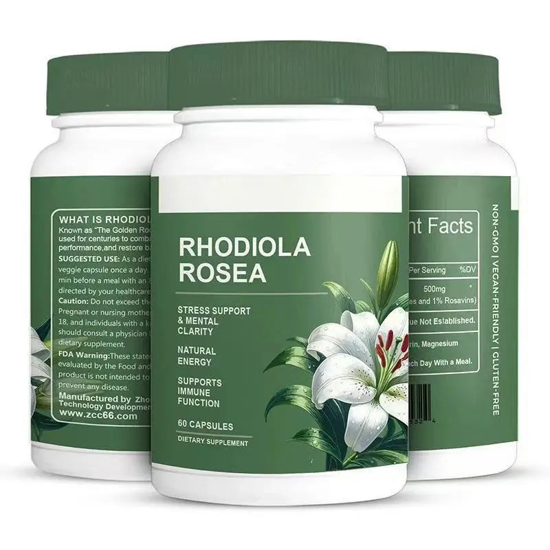 Rhodiola rosea extract capsules packaging with barcode and supplement details