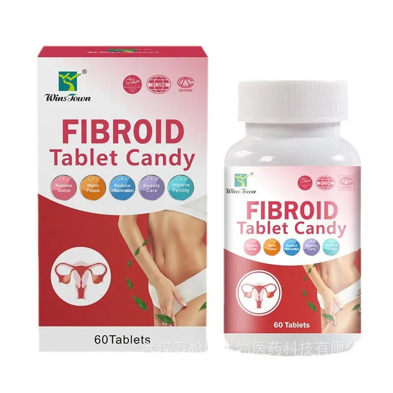 Fibroid Tablet Candy packaging and bottle on a white background