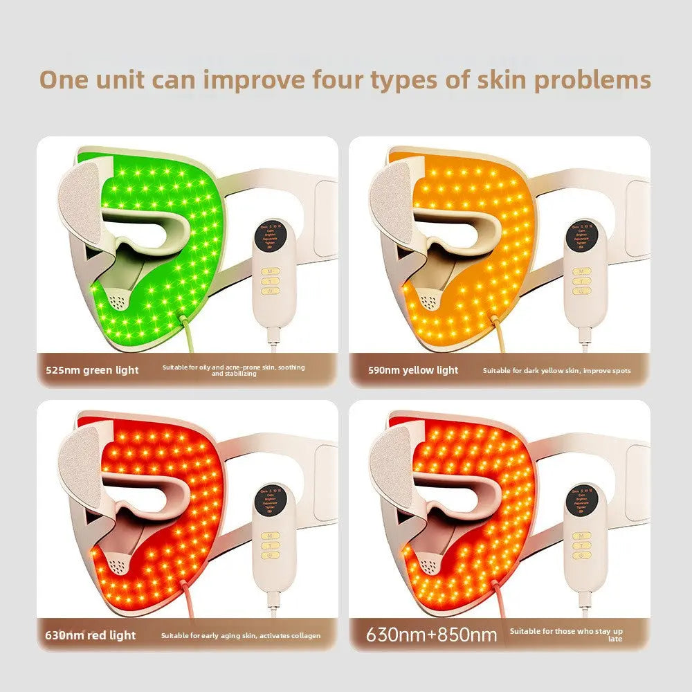 Close-up of LED photon therapy face mask showing multi-color light wavelengths for collagen boosting