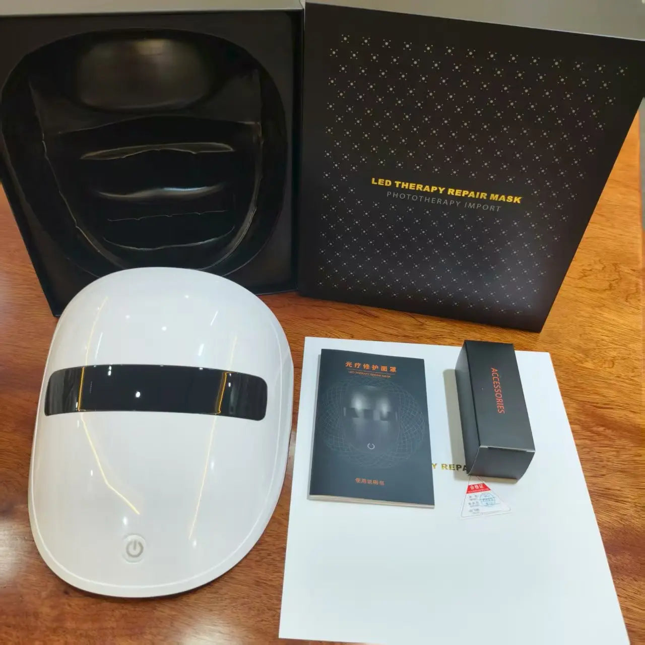LED beauty mask with four adjustable intensity levels and USB rechargeable design