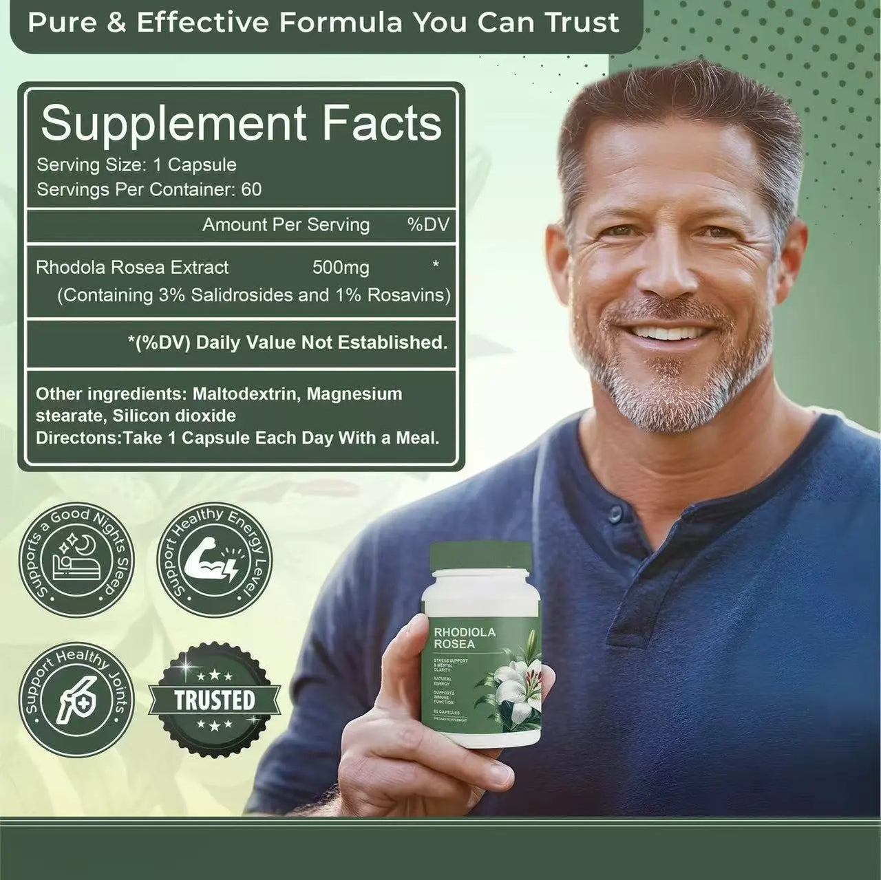 Rhodiola rosea supplement bottle with vegan-friendly capsules for balanced energy support