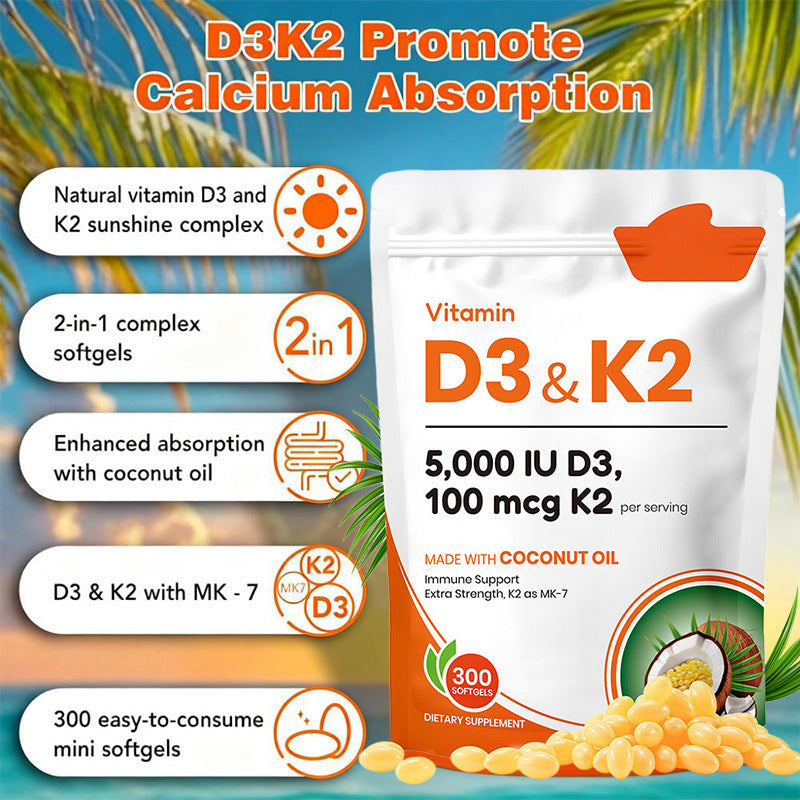 Coconut Flavor Vitamin D3 and K2 Dietary Supplement Softgels Sonocouture