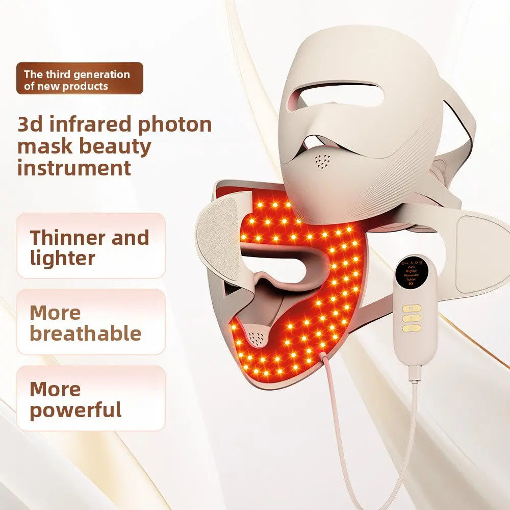 Woman wearing rechargeable LED light therapy face mask for wrinkle reduction and skin rejuvenation
