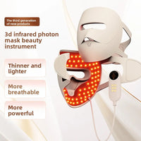 Woman wearing rechargeable LED light therapy face mask for wrinkle reduction and skin rejuvenation
