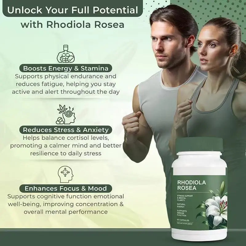 Standardized rhodiola rosea capsules 60 count bottle plant-based adaptogen supplement